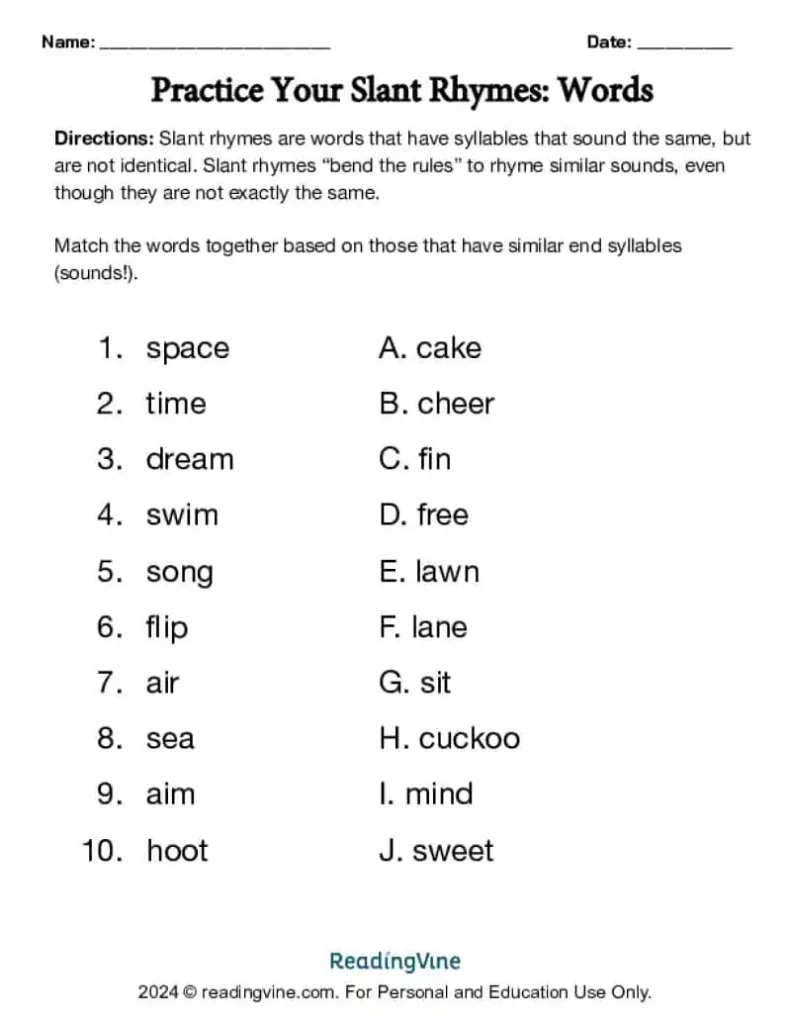 Slant Rhymes Matching Activity
