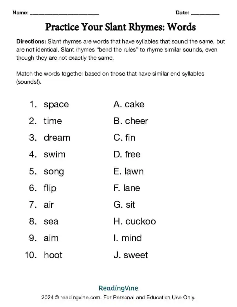 Slant Rhymes Matching Activity Image