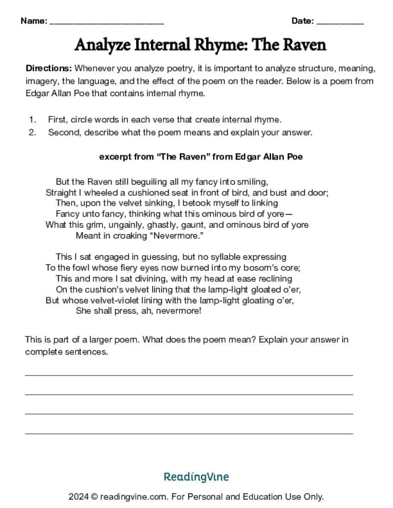 The Raven and Internal Rhyme Worksheet image