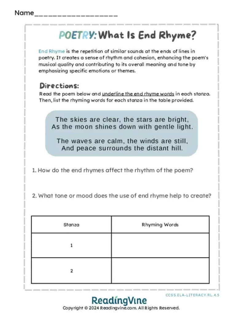 What is End Rhyme? Printable Activity