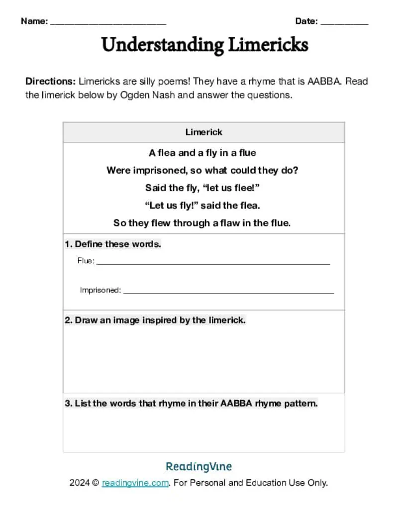 Understanding Limericks Worksheet Image
