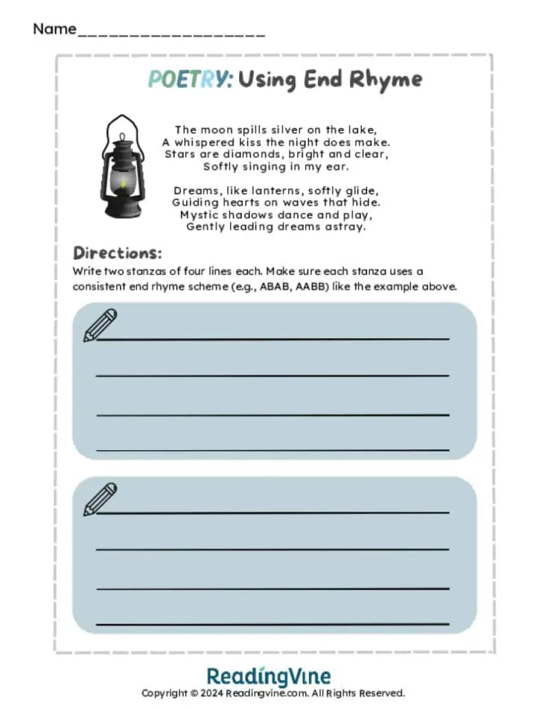 Using End Rhyme Poetry Worksheet