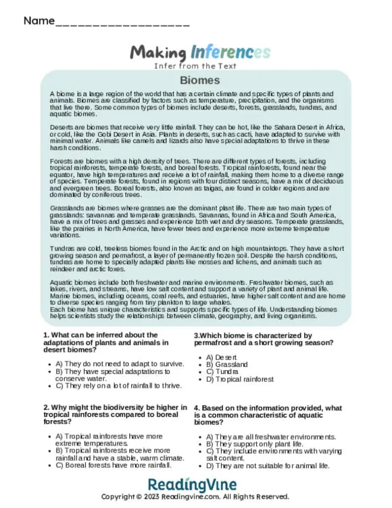 8th Grade Inferencing Skills Reading Worksheet