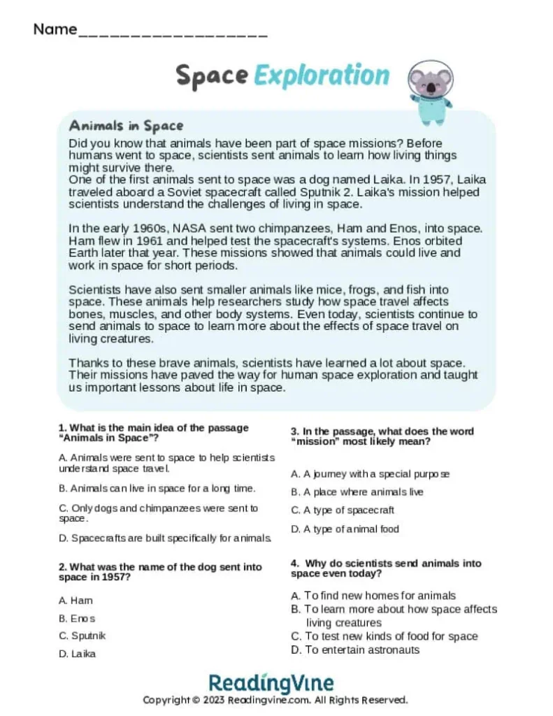 Animals in Space Reading Worksheet