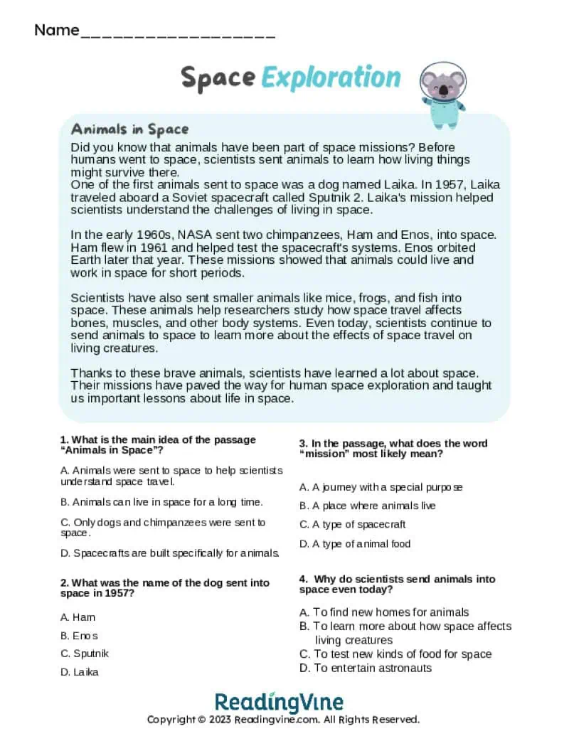 Animals in Space Reading Worksheet