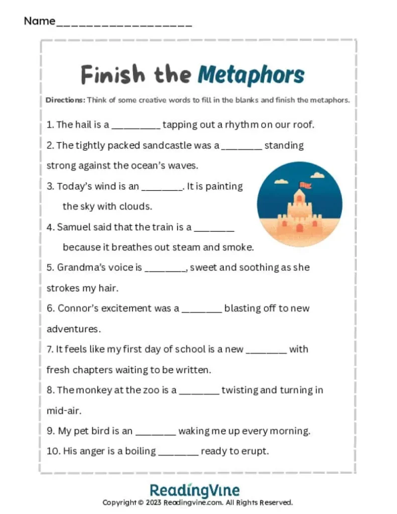 6th Grade Complete the Metaphors Activity