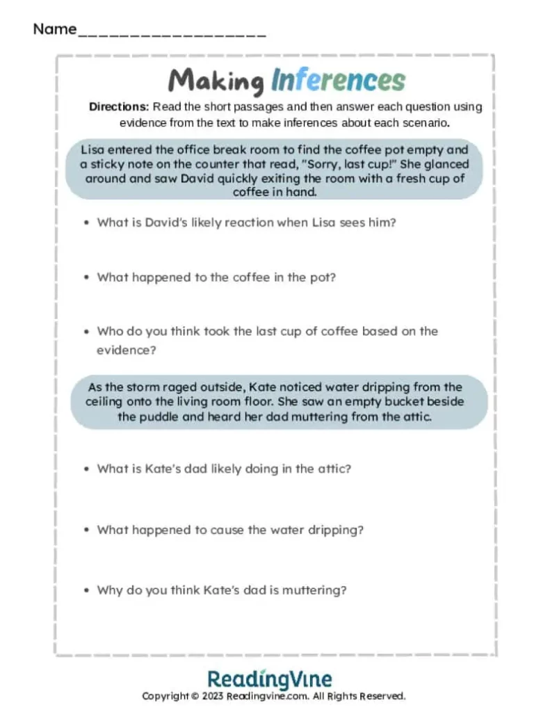 Fifth Grade Making Inferences Worksheet