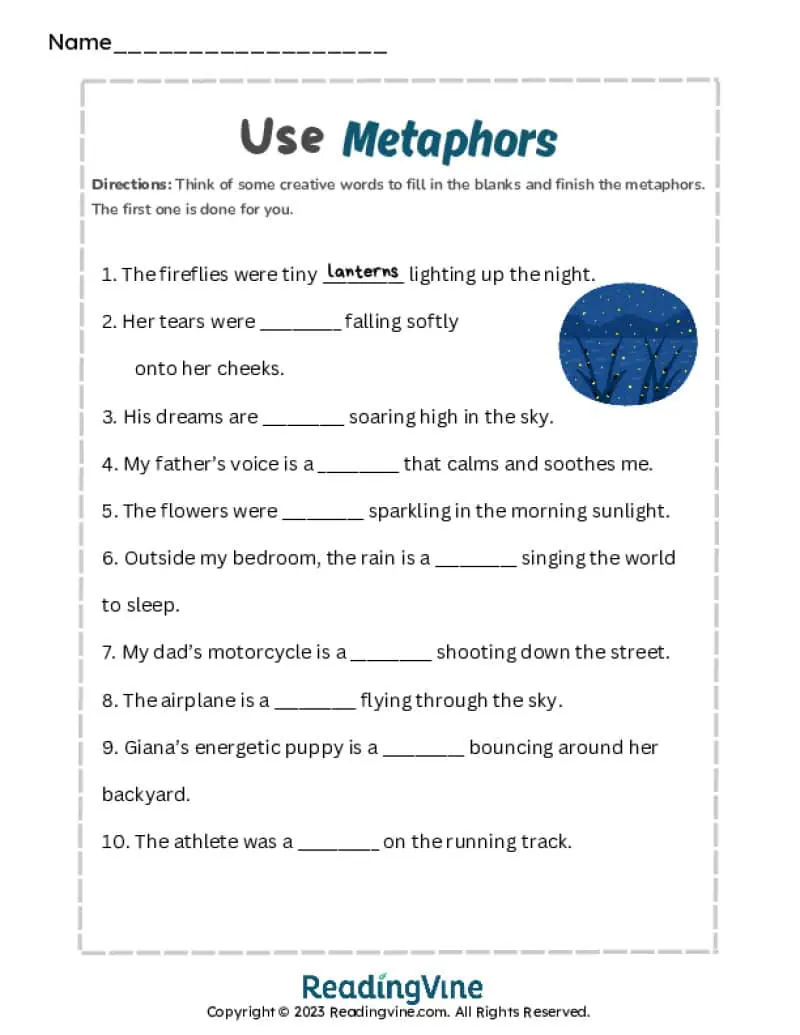 Finish the Metaphors Writing Worksheet-Image