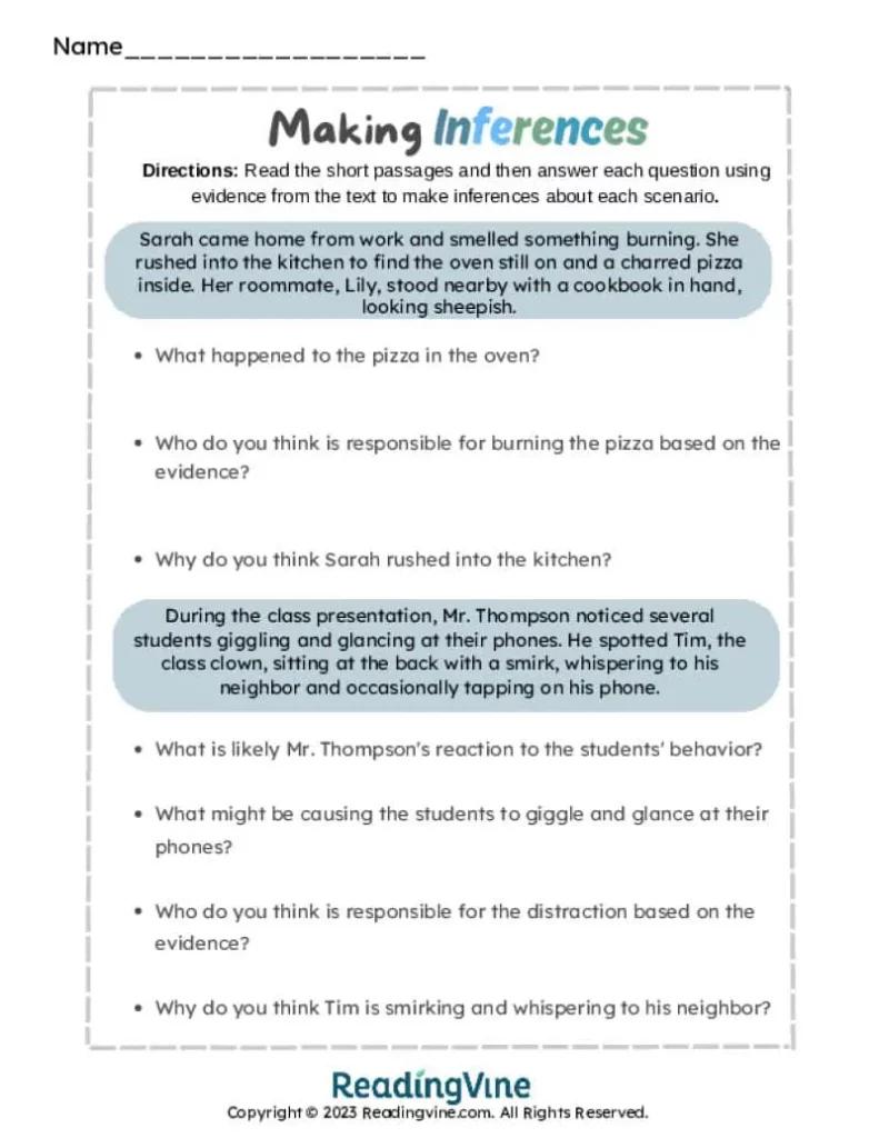 Fourth Grade Inferencing Skills Worksheet