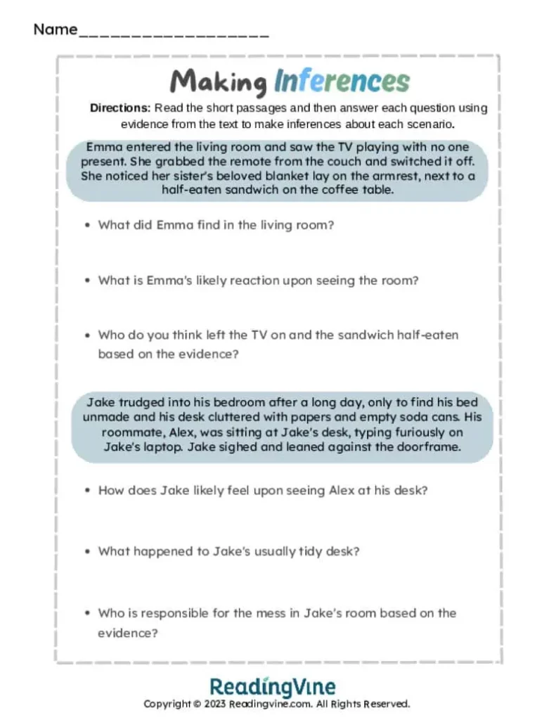 Fourth Grade Making Inferences Worksheet