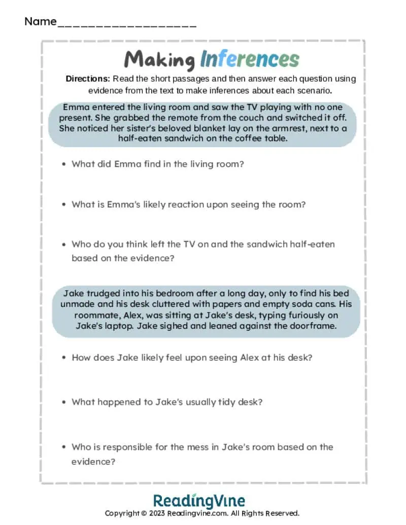 Inference Worksheets - ReadingVine