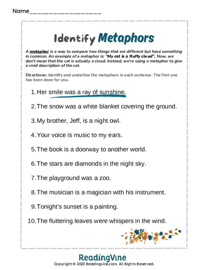 Identifying Metaphors Worksheet Image