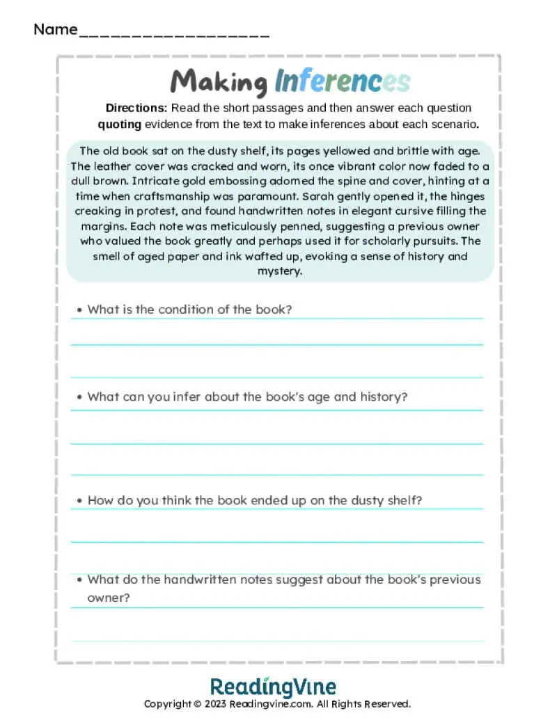 Inference Worksheets ReadingVine