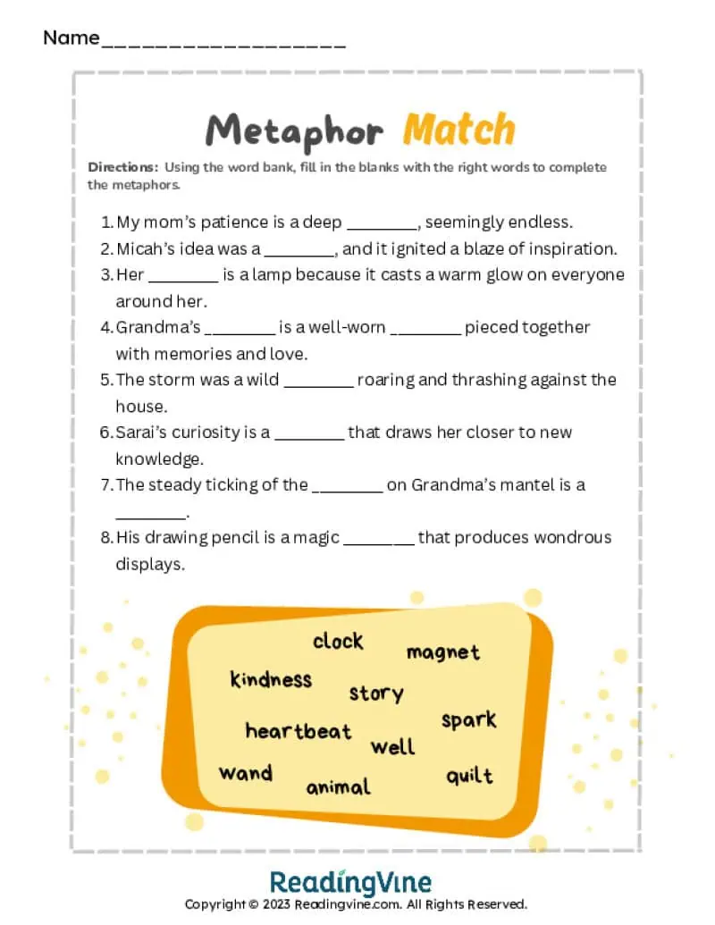 Metaphor Fill in the Blank Worksheet-Image