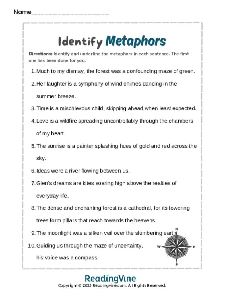 6th-8th Grade Metaphor Identification Worksheet