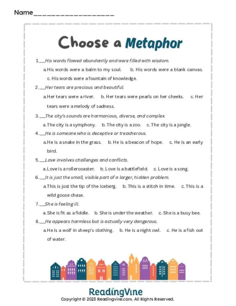 7th - 8th Grade Metaphors Multiple Choice Worksheet