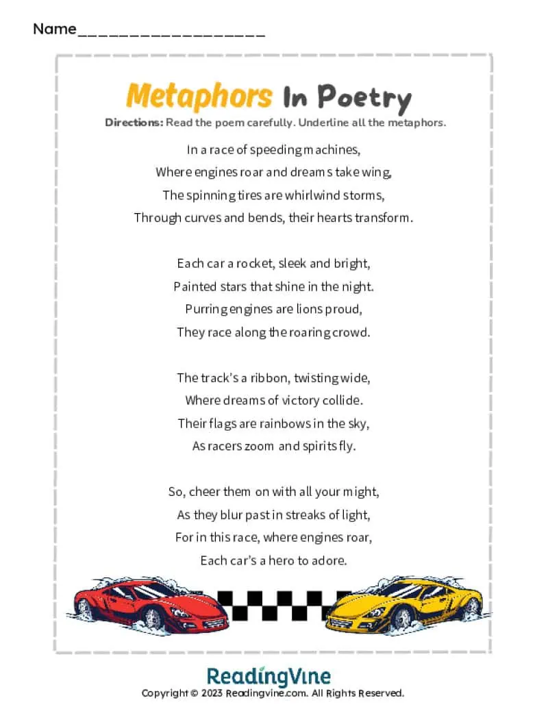 Racecar Poem Metaphors Activity-Image