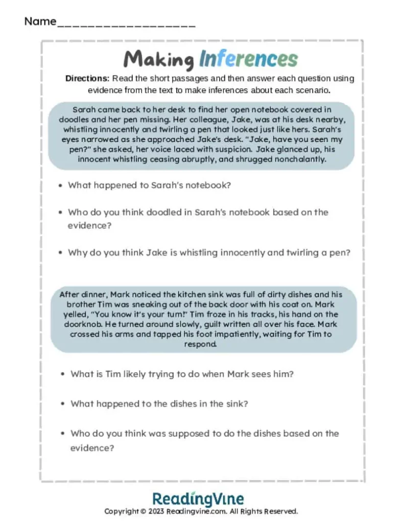 Sixth Grade Making Inferences Activity
