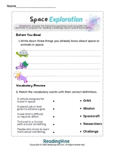 Space Exploration Matching Activity Writing Worksheet