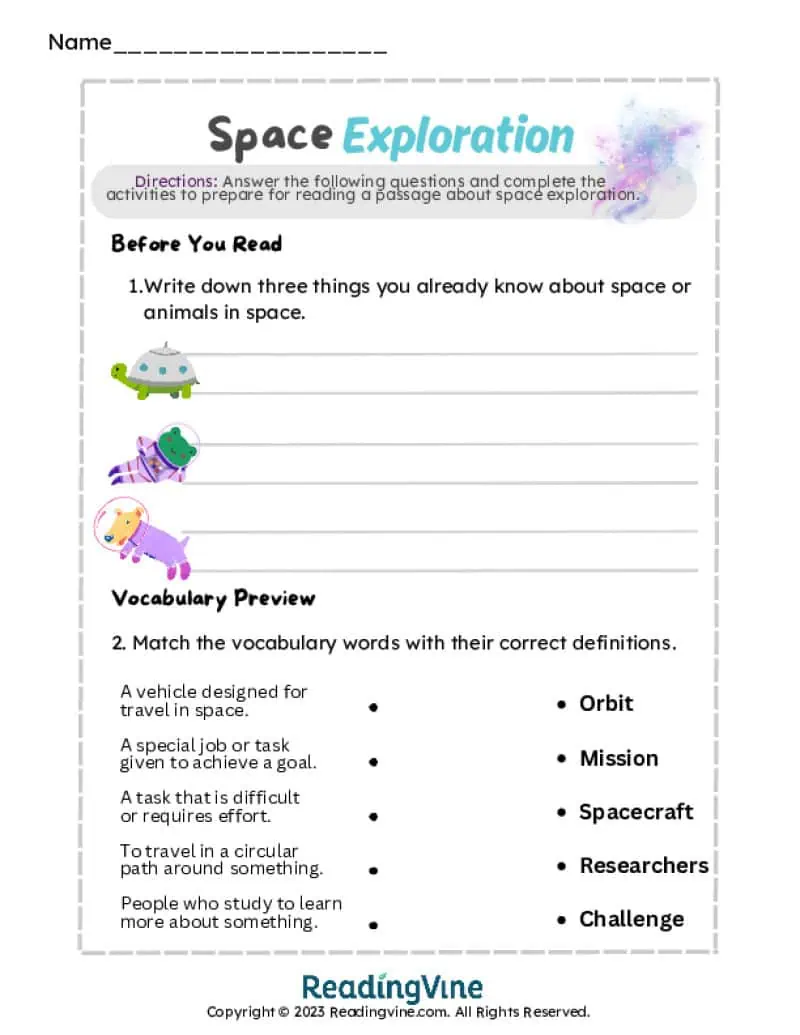 Space Exploration Matching Activity Writing Worksheet