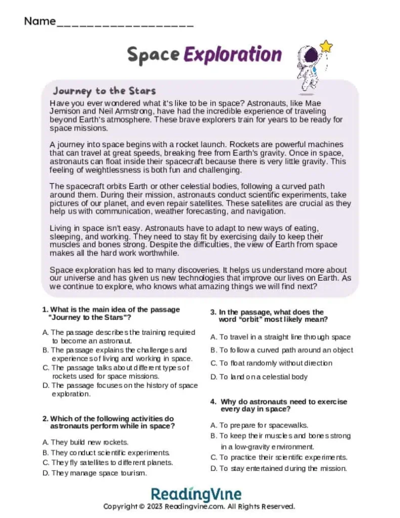 Journey to the Stars Reading Comprehension Activity