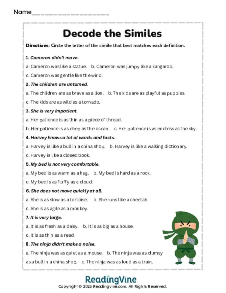 5th-6th Grade Decode the Similes Multiple Choice Activity