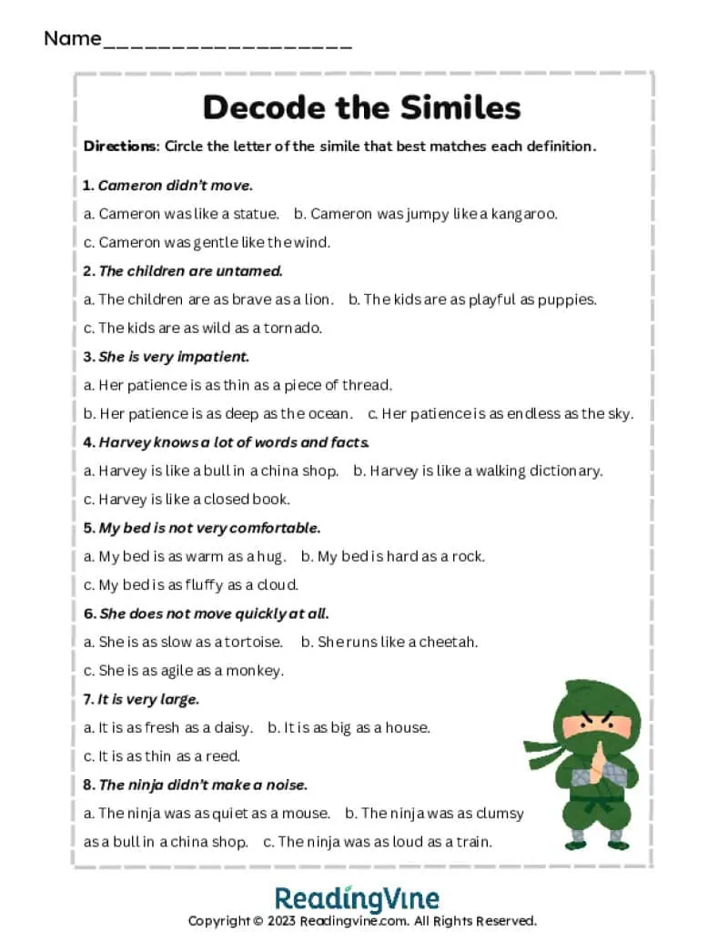Decode the Similes Multiple Choice Activity Image