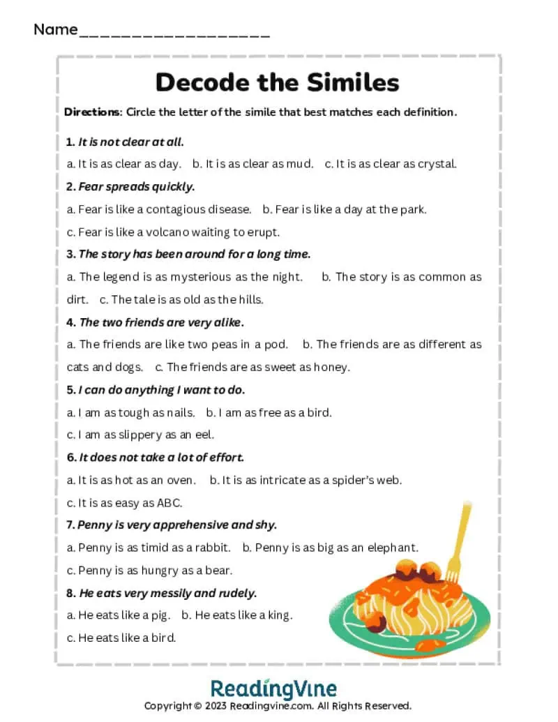 Decoding Similes Multiple Choice Worksheet Image
