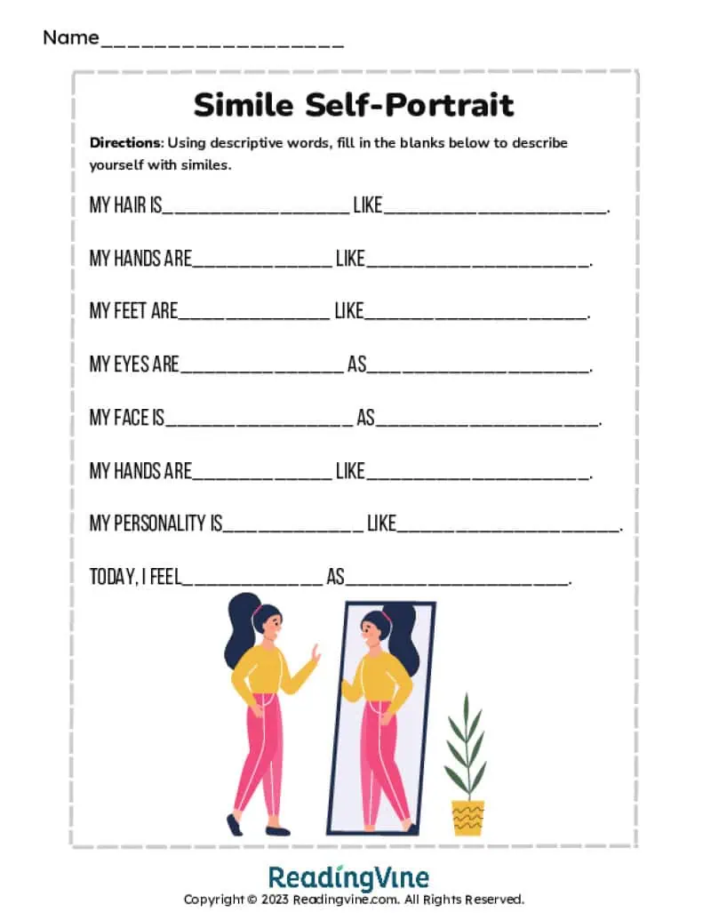 Fill in the Blanks Simile Self Portrait Activity Image