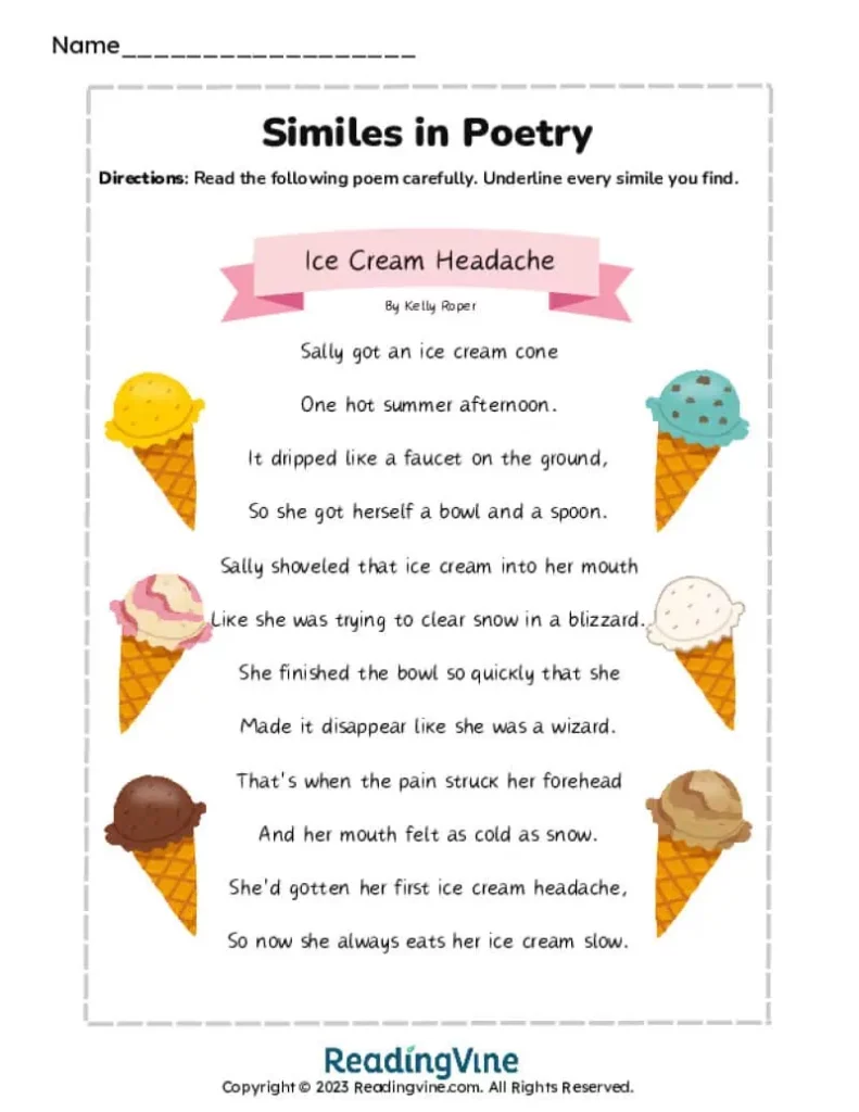 5th-6th Grade Ice Cream Poem Similes Activity