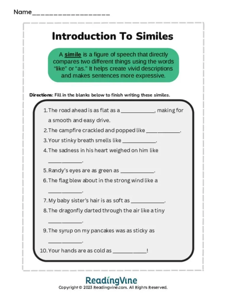 7th-8th Grade Intro to Similes Fill in the Blank Activity