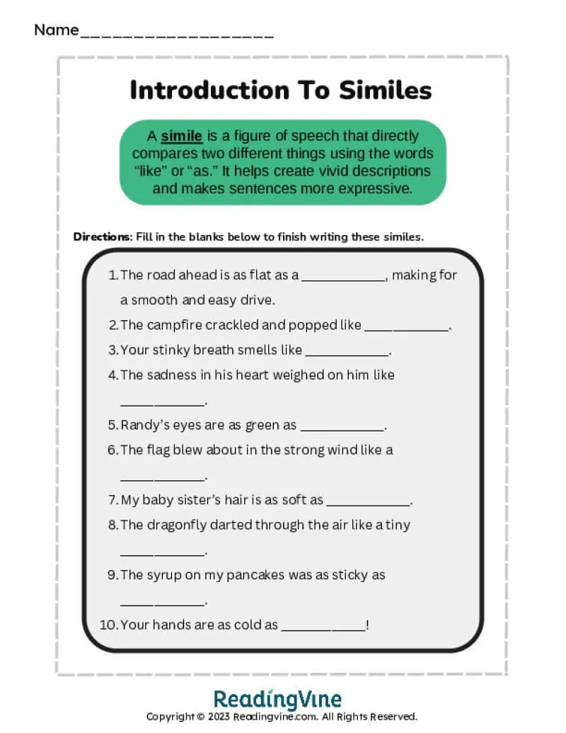 Intro to Similes Fill in the Blank Activity Image