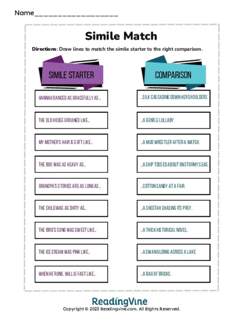 7th-8th Grade Match the Simile Printable Activity