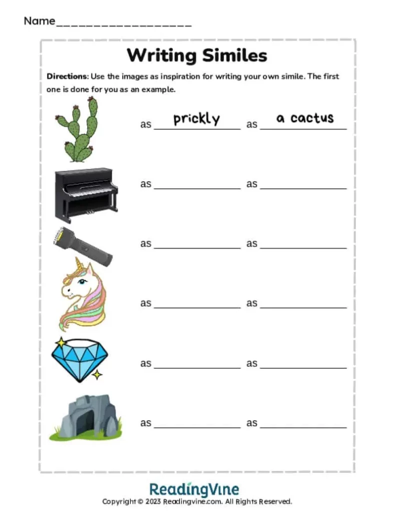 7th-8th Grade Practice Writing Similes Worksheet