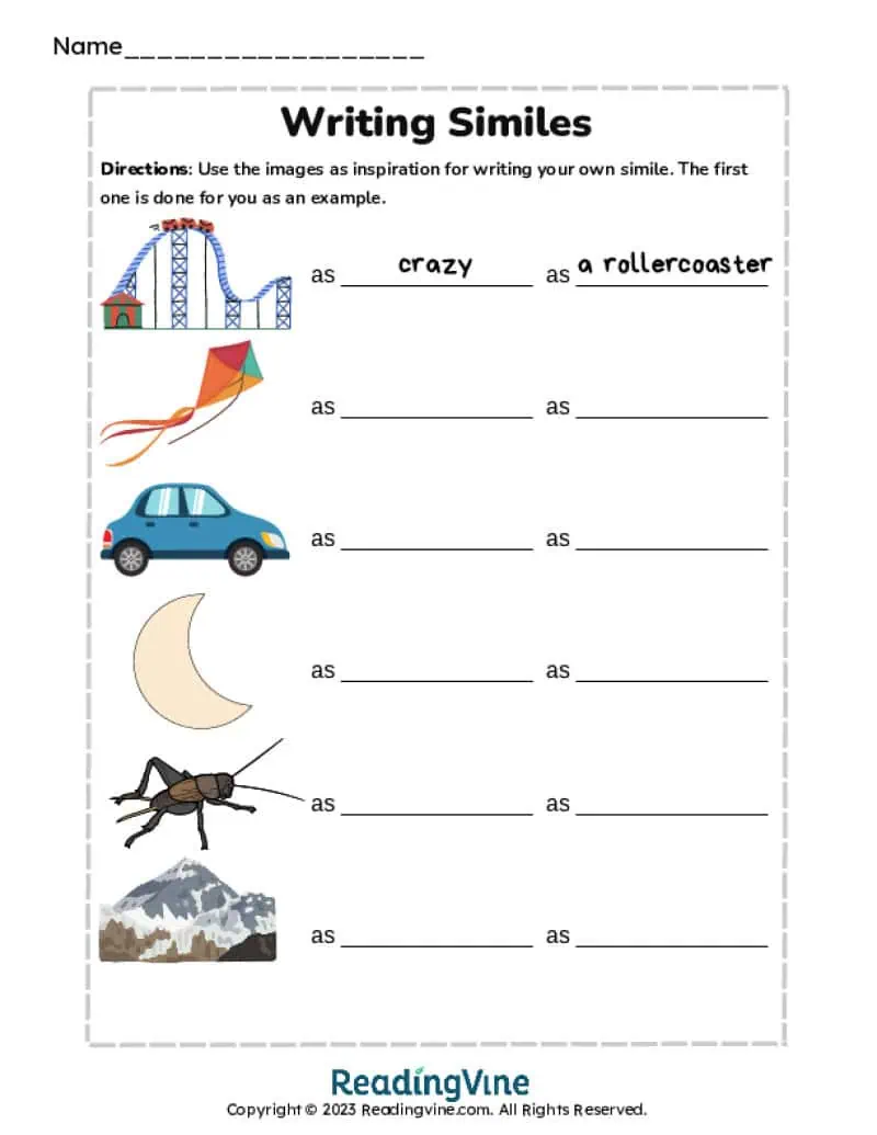 Printable Writing Similes Activity Image