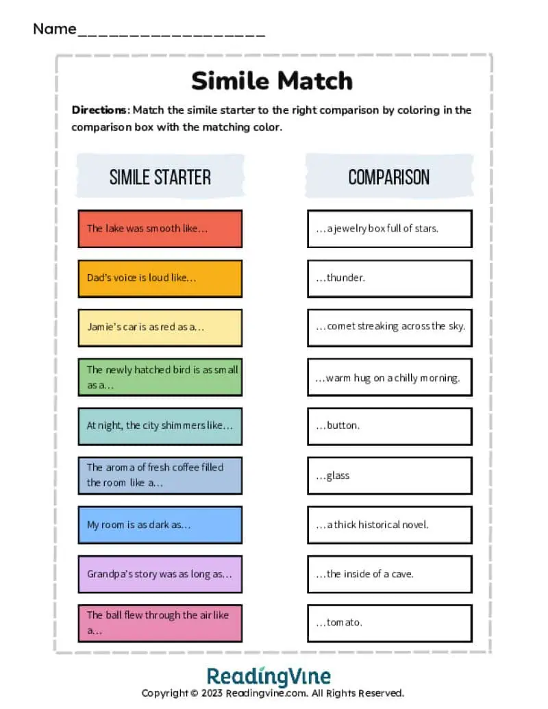Simile Matching Worksheet Image