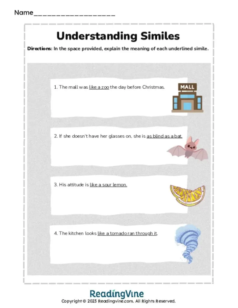 7th-8th Grade Understanding Similes Writing Activity