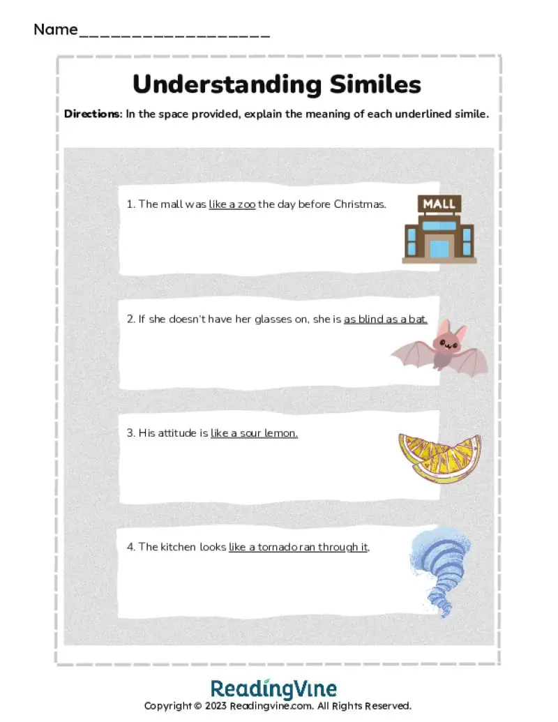 Understanding Similes Writing Activity Image
