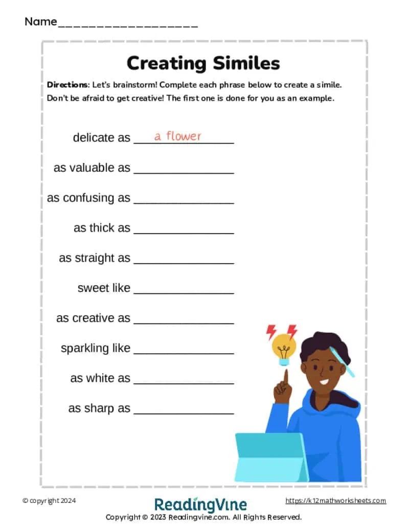 Write Similes Printable Worksheet Image