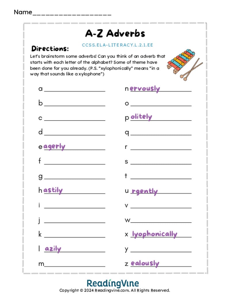 A - Z Adverbs Activity