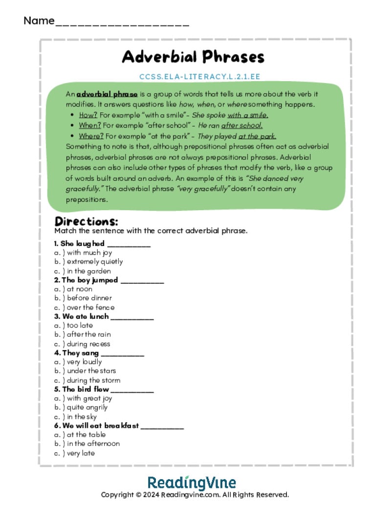 Adverbial Phrases Activity