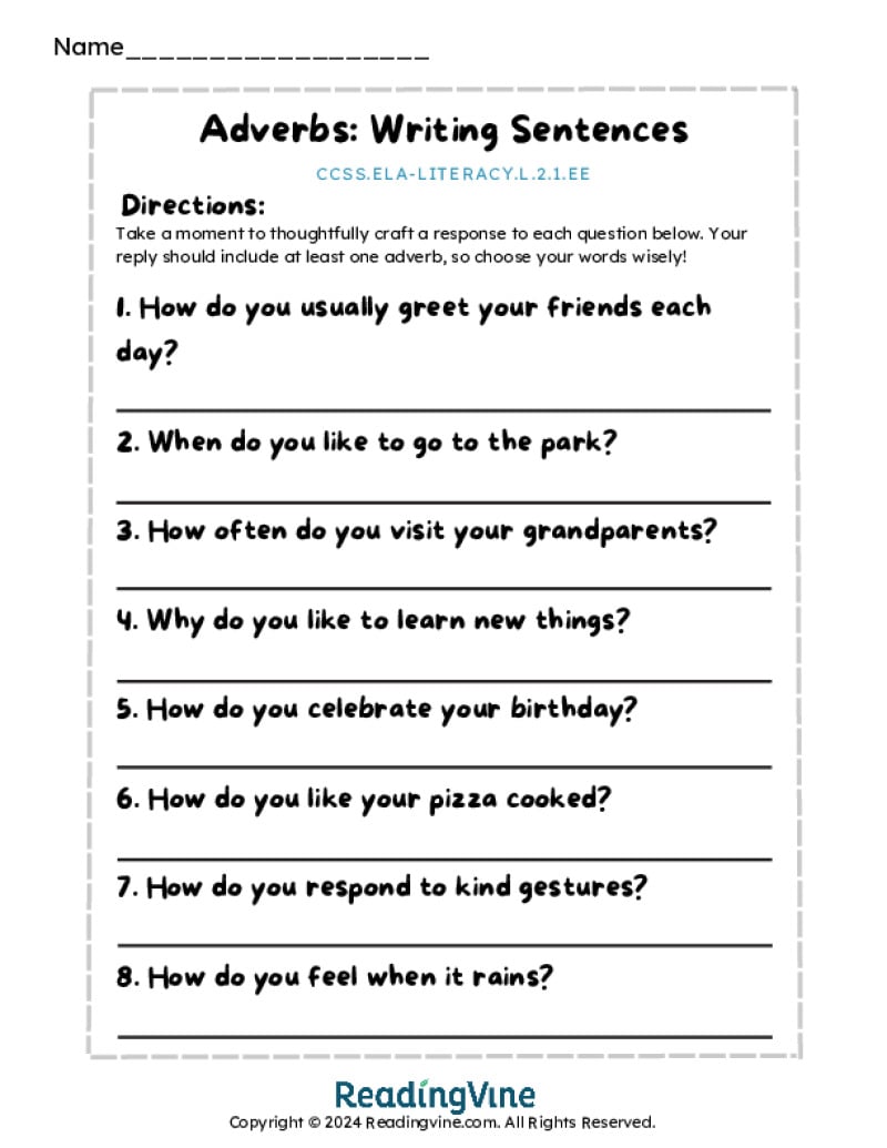 Adverbs Activity Worksheet - Writing Sentences