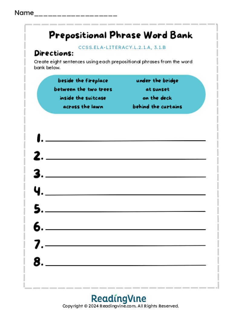 Prepositional Phrase Word Bank