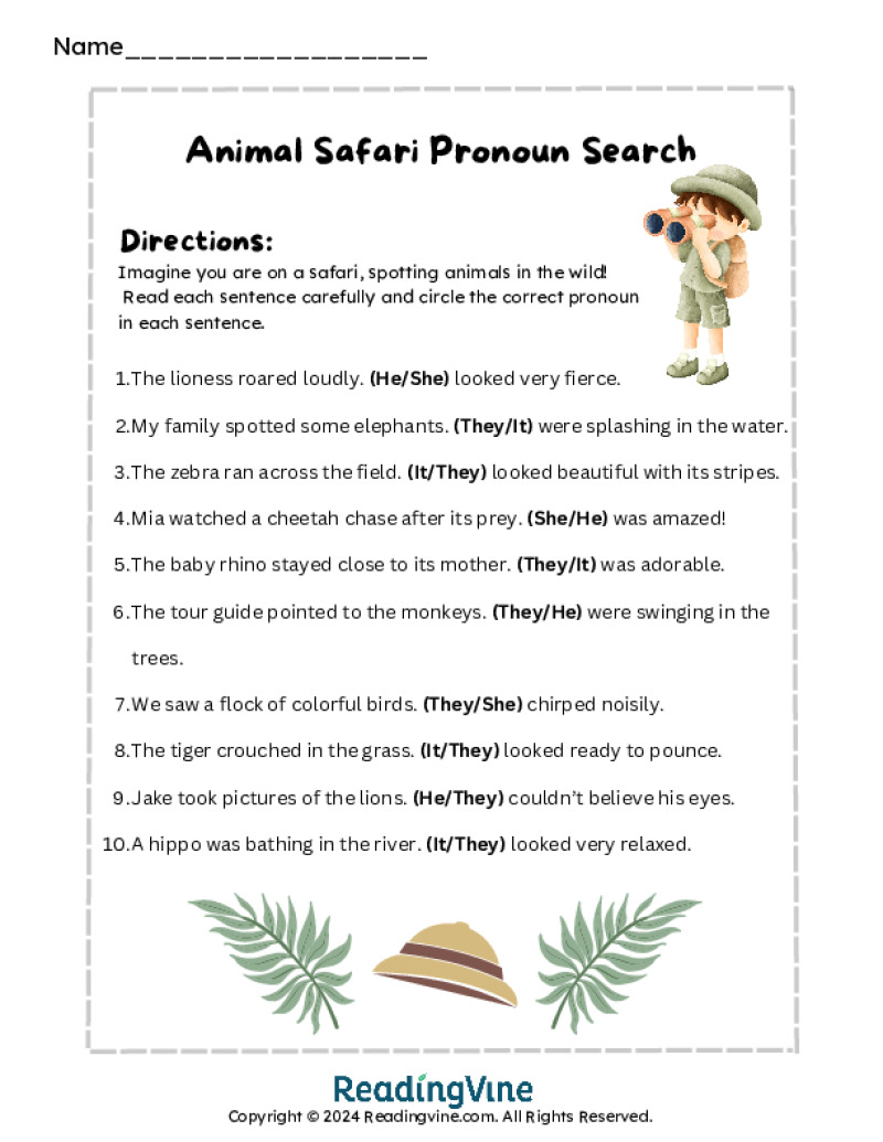 Animal Safari Pronoun Search Worksheet