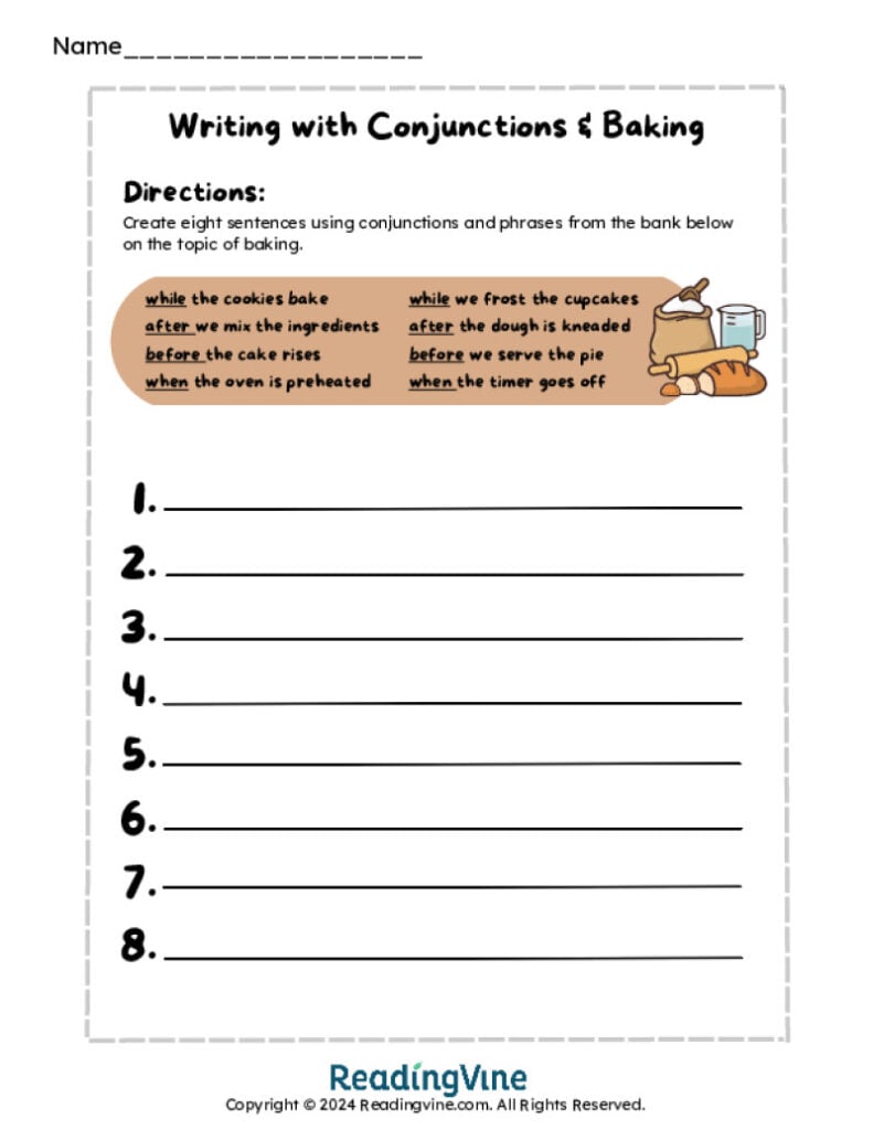Baking Conjunctions Writing Worksheet