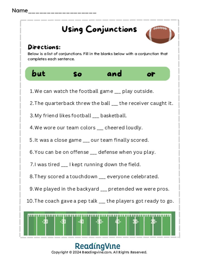 Printable Fill in the Blanks Conjunction Worksheets