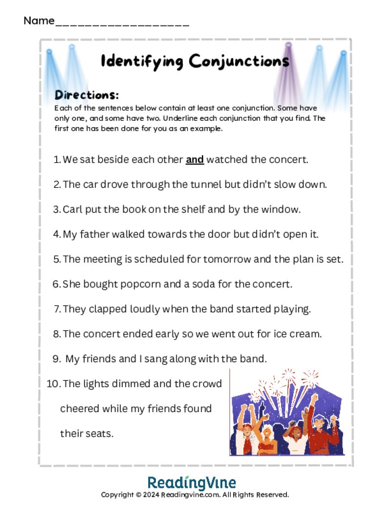 Printable Identifying Conjunctions Worksheet