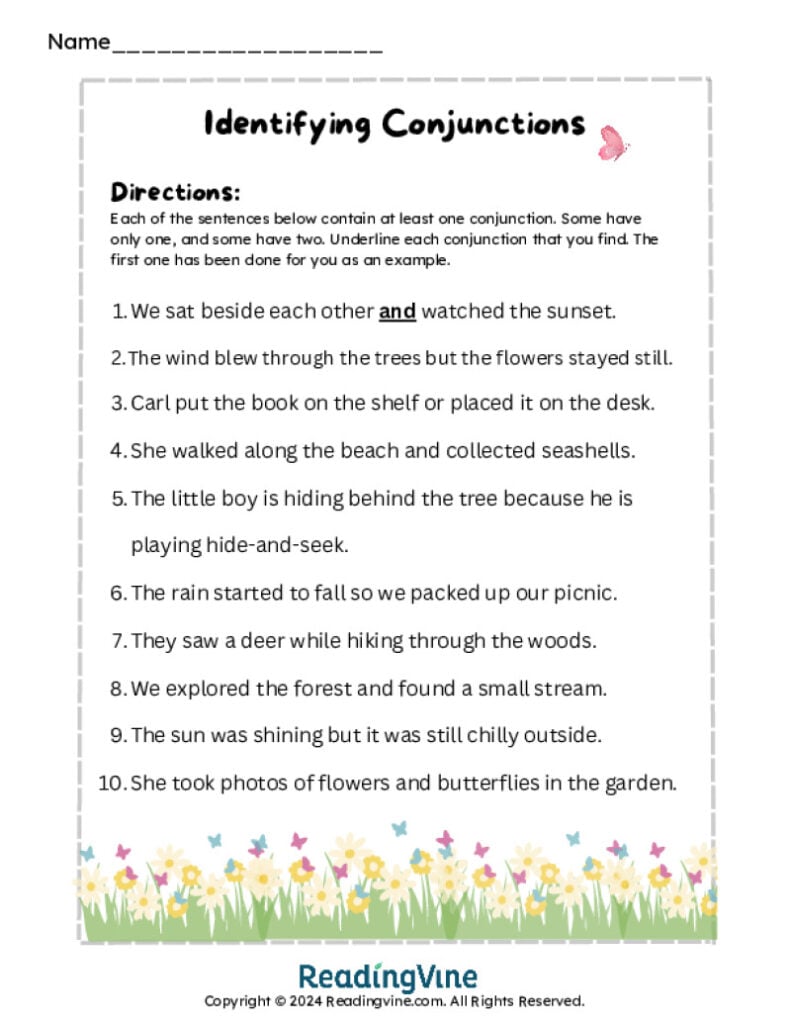 Identifying Conjunctions Worksheet
