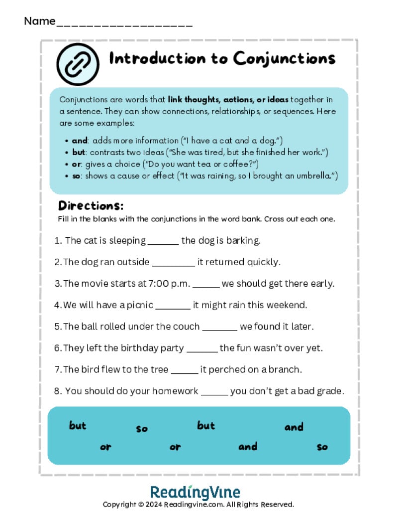 Intro to Conjunctions Worksheet Fill in the Blank Activity
