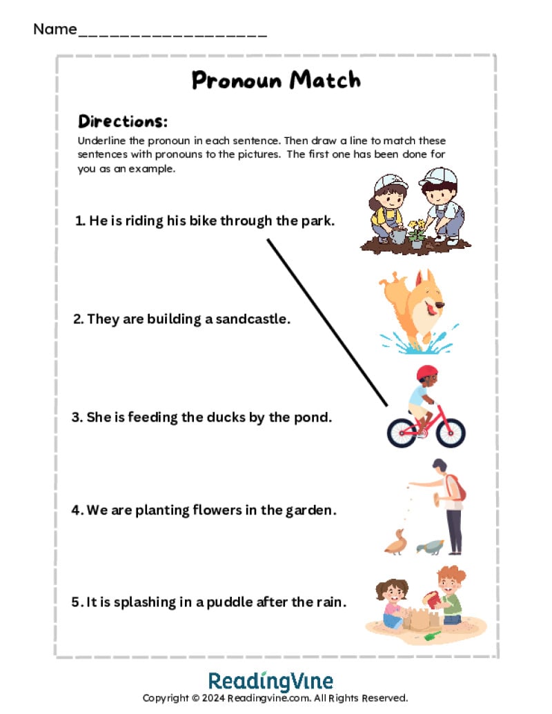 Printable Pronoun Match Activity Worksheet